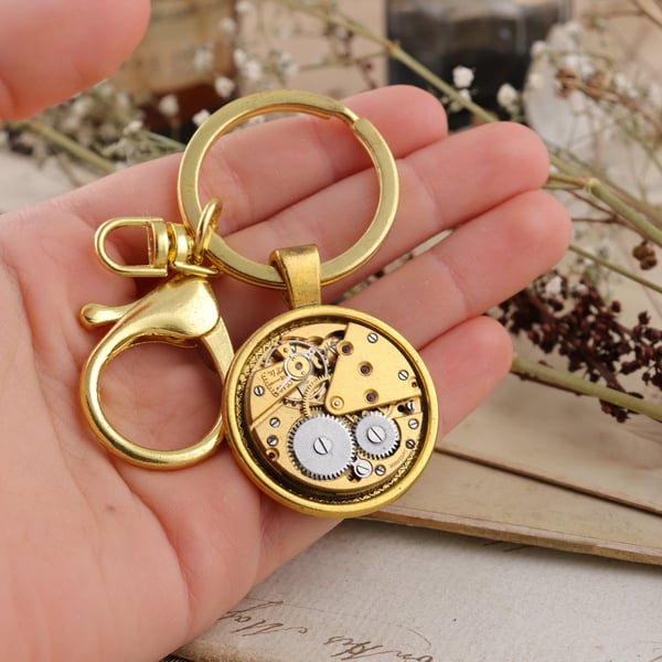 Steampunk Inspired Gold Tone Keyring with Antique Watch Movement
