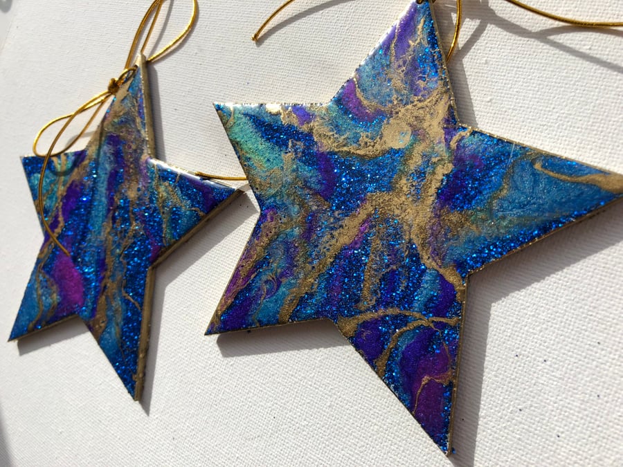 Star ornament, decoration, sparkling blue ,set of 2, 