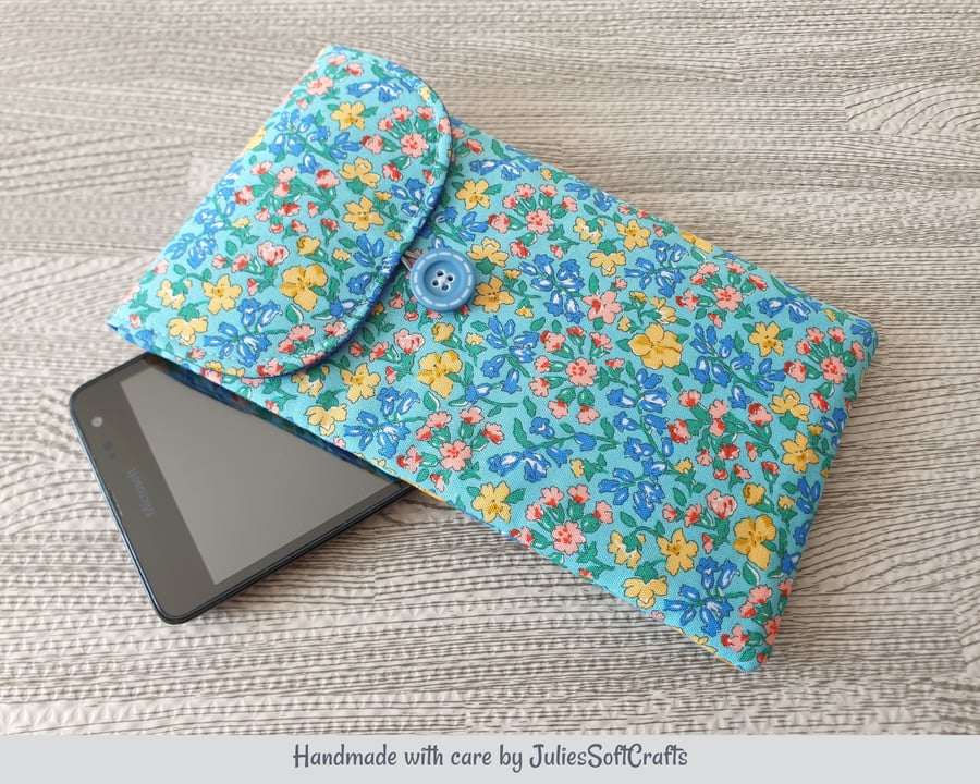 Mobile Phone Case Handmade with Yellow & Blue Floral Liberty of London fabric