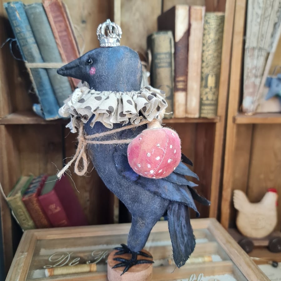 Crow and toadstool handmade textile art soft sculpture