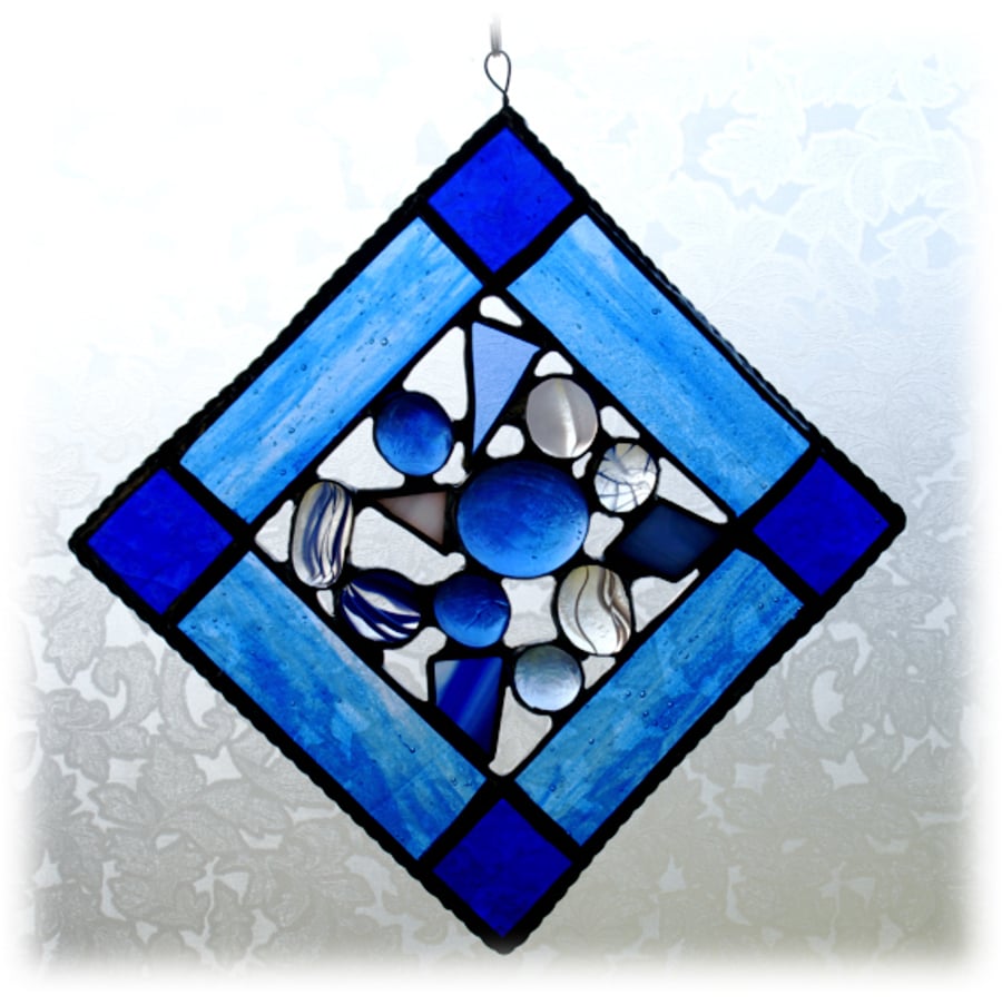 Abstract Suncatcher Stained Glass Square Pebbles Blue