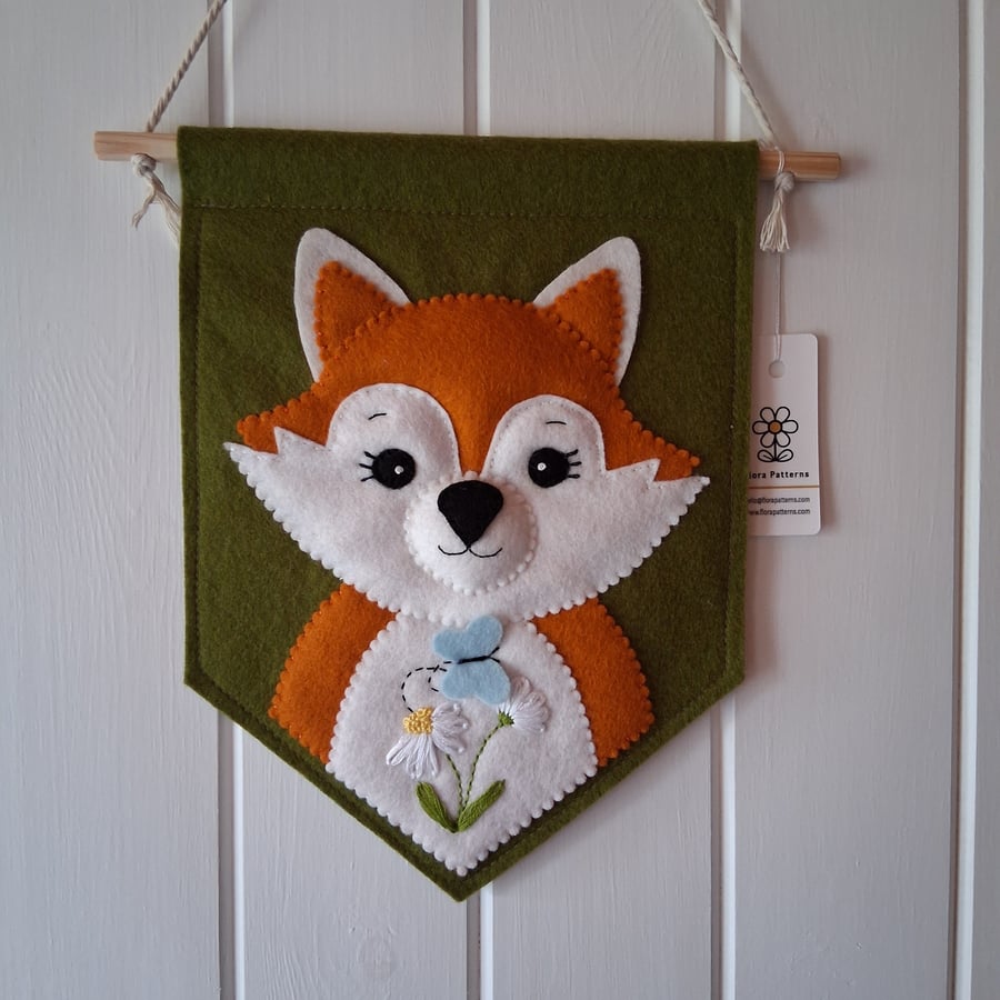 Orange Fox Felt Flag with blue butterfly and white daisies