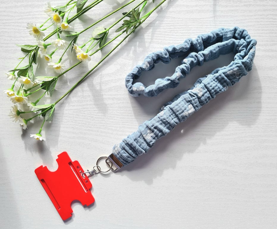 Handmade Scrunchie Lanyard Blue Butterfly Fabric Soft Cotton ID Badge Holder