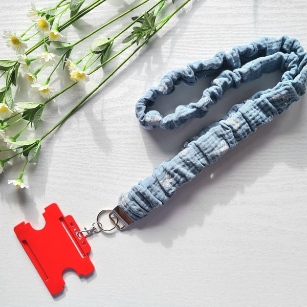 Handmade Scrunchie Lanyard Blue Butterfly Fabric Soft Cotton ID Badge Holder