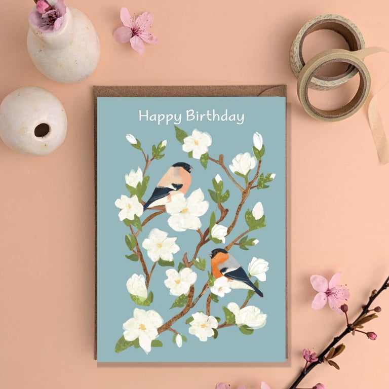 Happy Birthday card garden bird card pair of bullfinch 