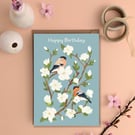Happy Birthday card garden bird card pair of bullfinch 
