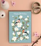 Happy Birthday card garden bird card pair of bullfinch 