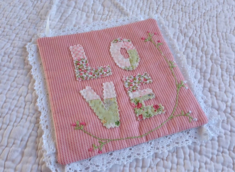 Love mini quilt wall art, hand appliqued rose embroidered wedding or anniversary