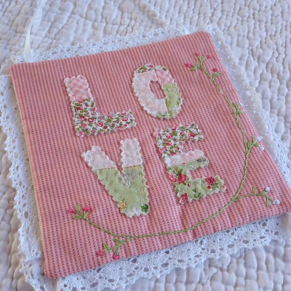 Love mini quilt wall art - hand appliqued embroidered wedding or anniversary