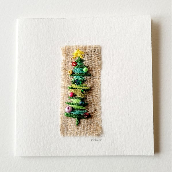 Handmade Embroidered 'Beaded Tree' Christmas Greeting Card 