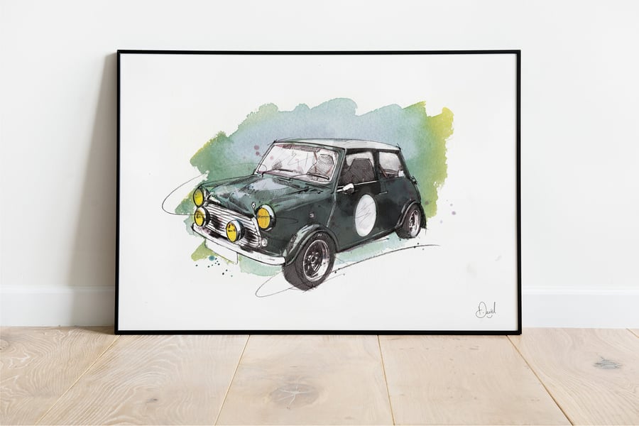 Classic Mini Cooper Art Print, Mini Illustration, Mini Drawing, Classic Car