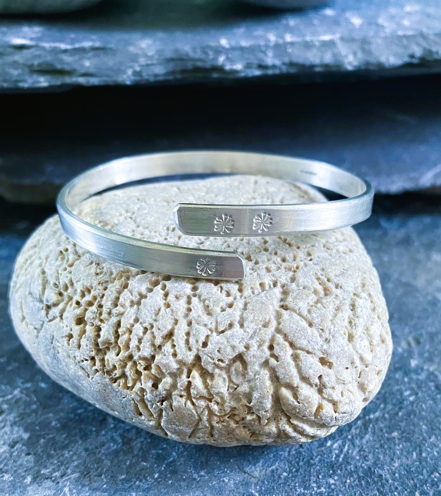 Dandelion Bangle, Recycled Sterling Silver, Hand Stamped