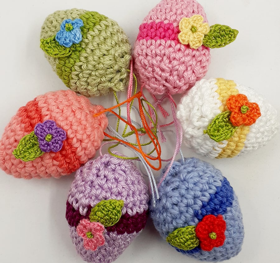 6 Crochet Mini Egg Hanging Decorations. 
