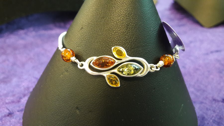 Three Colour Baltic Amber and Sterling Silver Adjustable Bracelet