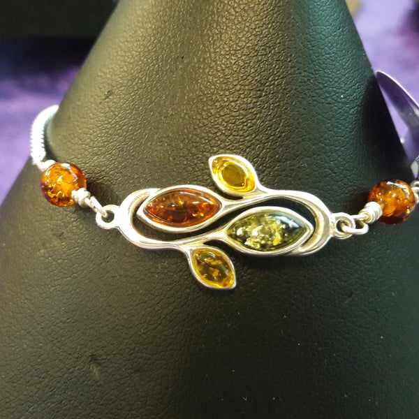 Three Colour Baltic Amber and Sterling Silver Adjustable Bracelet