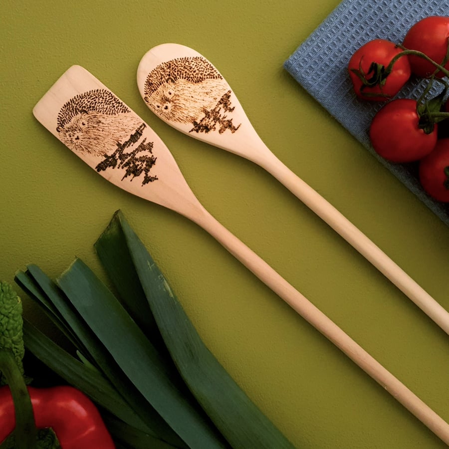 Utensil Set (large) A Hedgehog, Wooden Spoon and Spatula. Chef Gift.