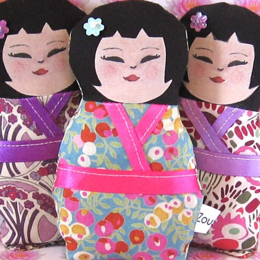 Japanese Kokeshi Art Doll with fushia pink ribbon 