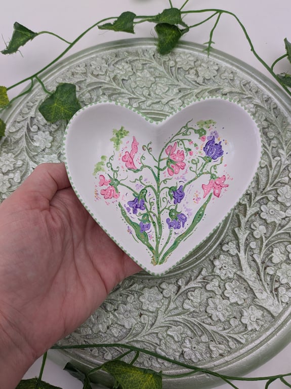 Sweet Pea hand-painted heart ceramic ring dish