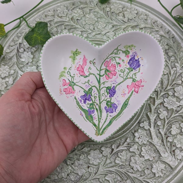 Sweet Pea hand-painted heart ceramic ring dish