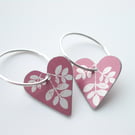 Heart hoop earrings in burgundy with leaf print