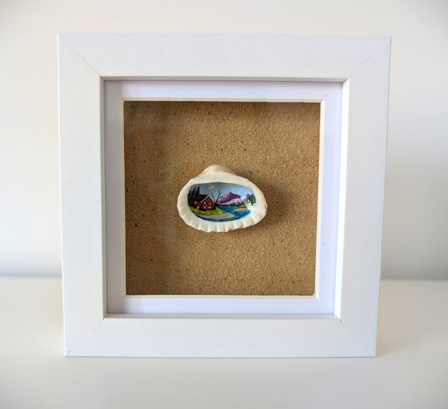 Scandi Cottage in a Shell Framed Miniature Shell Painting 