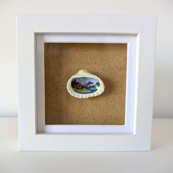 Scandi Cottage in a Shell Framed Miniature Shell Painting 