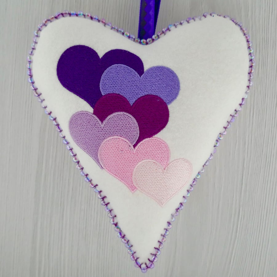 Beaded Felt Heart Decoration: Embroidered Purple Hearts design 6.25” (16cm)