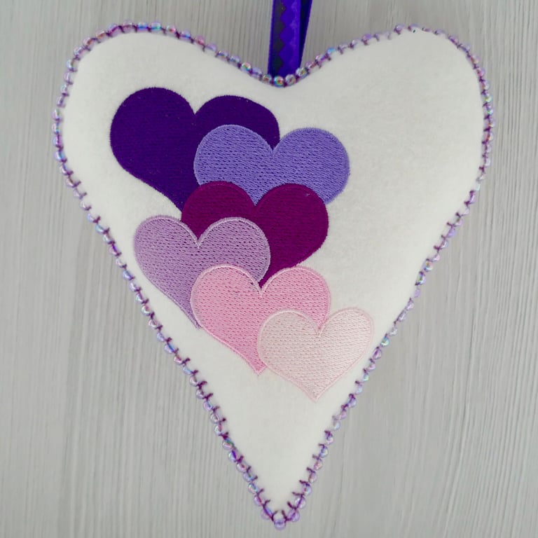 Beaded Felt Heart Decoration: Embroidered Purple Hearts design 6.25” (16cm)