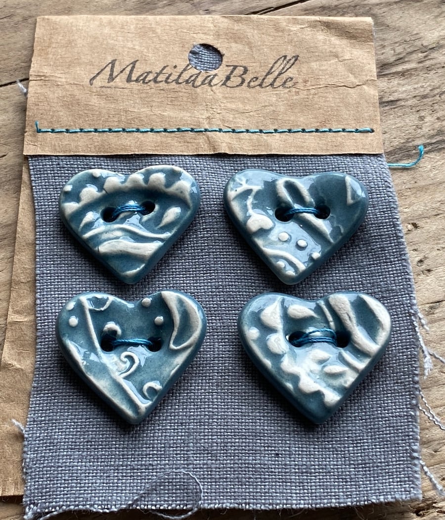 Buttons handmade ceramic Grey Hearts with Paisley design set of four button