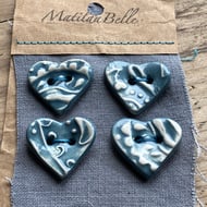 Buttons 23mm handmade ceramic Grey Hearts with Paisley design set of four button