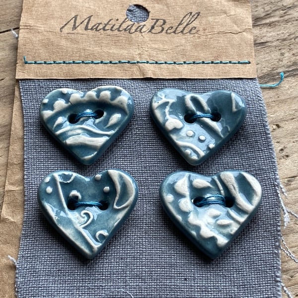 Handmade Pottery Buttons Grey Hearts with Paisley design set of four