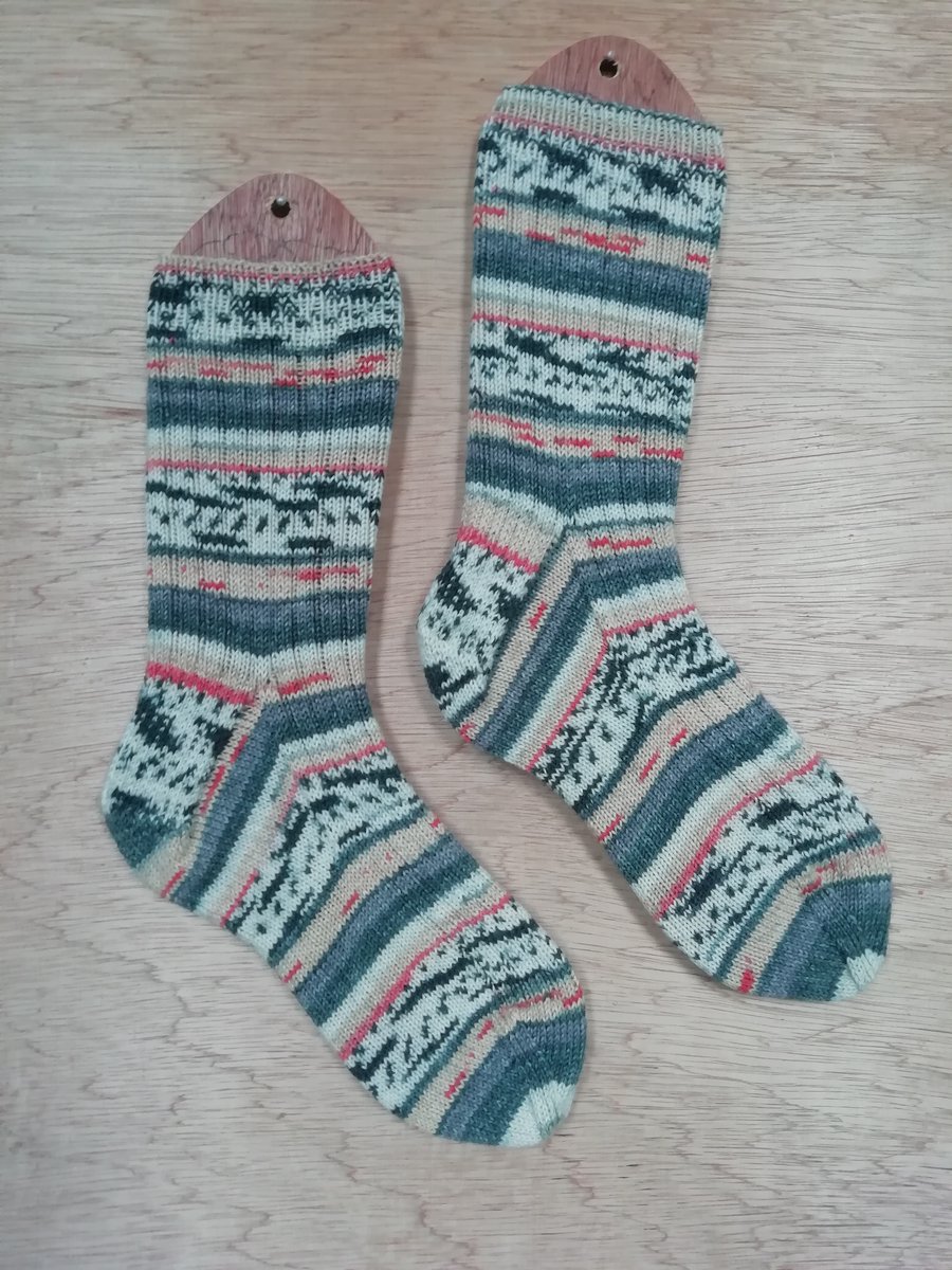Hand knitted socks, WOODPECKER, LARGE, size 9-11