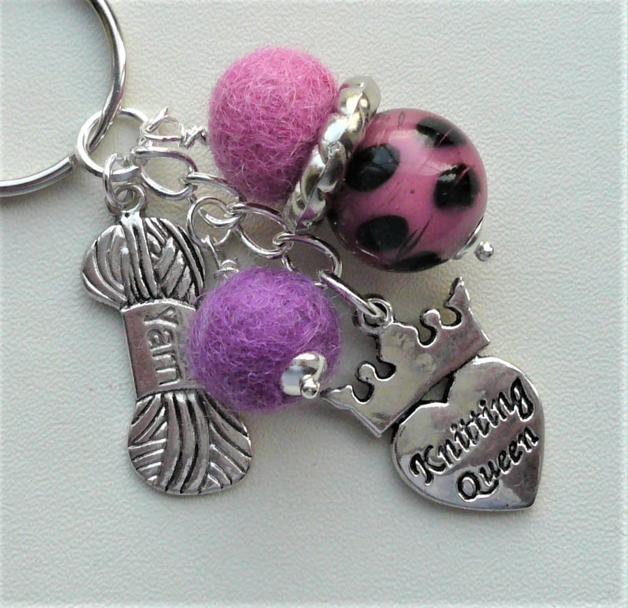 Keyring Pink and Purple Felt and Glass Bead 'Knitting Queen' Themed  KCJ1970