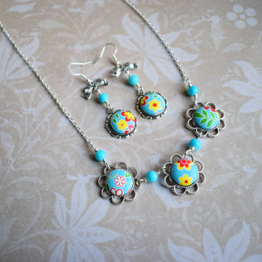 Blue Flower Necklace and Earrings Set