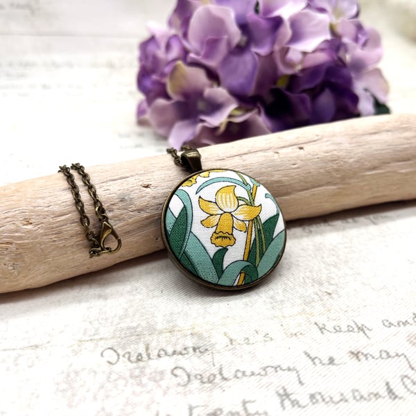 Daffodil fabric button pendant Art & Crafts style spring jewellery gifts for her