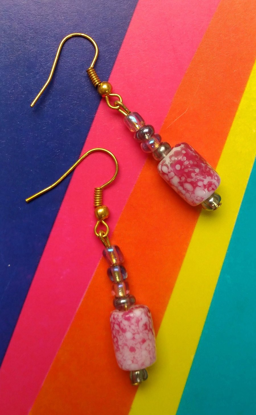 Speckled Pink and White Ceramic and Glass Beaded Earrings