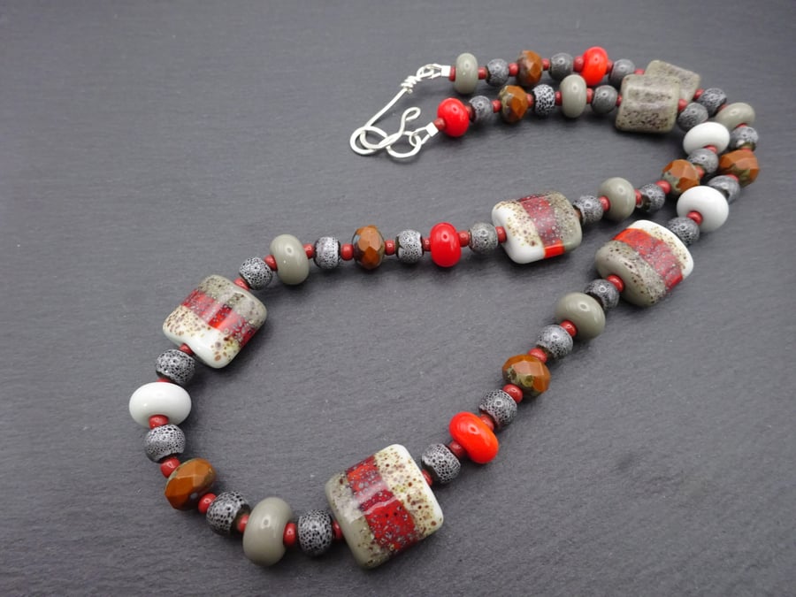 lampwork glass necklace, grey and orange
