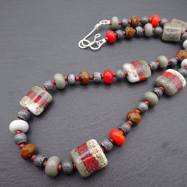 lampwork glass necklace, grey and orange