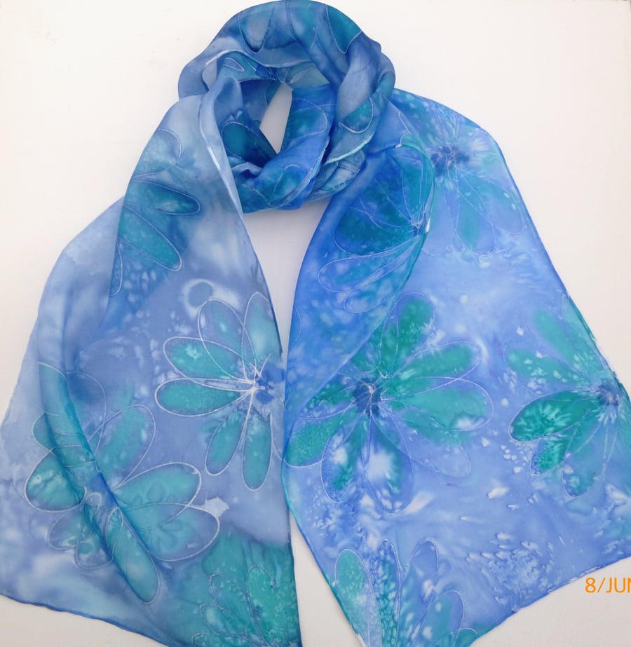 Hand painted Blue Floral Silk Scarf