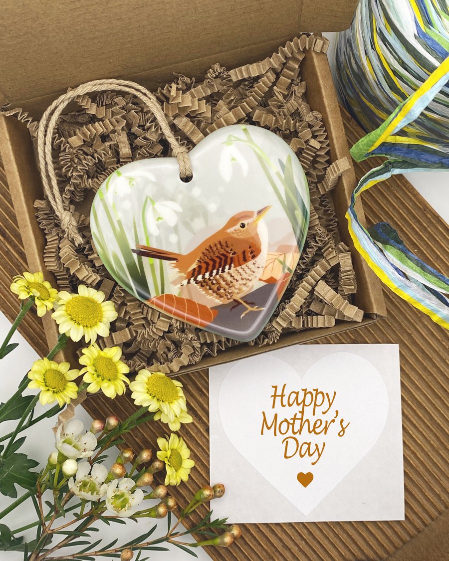 Wren & Snowdrops Heart - British Bird Spring Hanging Decoration & Keepsake Gift