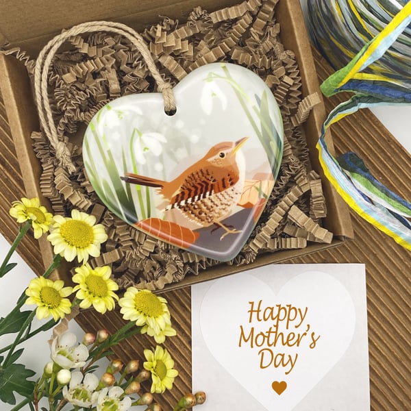 Wren & Snowdrops Heart - British Bird Spring Hanging Decoration & Keepsake Gift