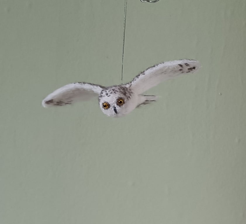 Owls in flight, Snowy owl style, individually needle felted sculptures 