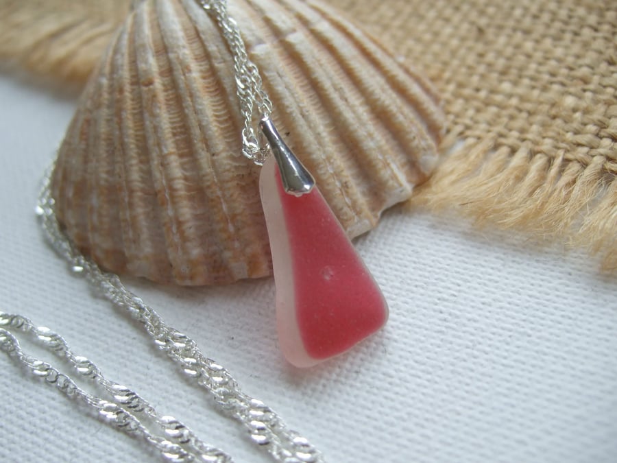 Scottish pink sea glass jewelry, sterling silver pink beach pendant