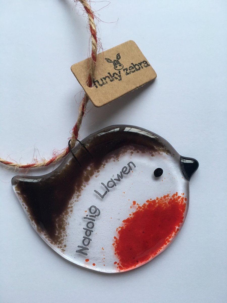 Handmade Fused Glass Traditional Welsh Nadolig Llawen Robin Christmas Decoration