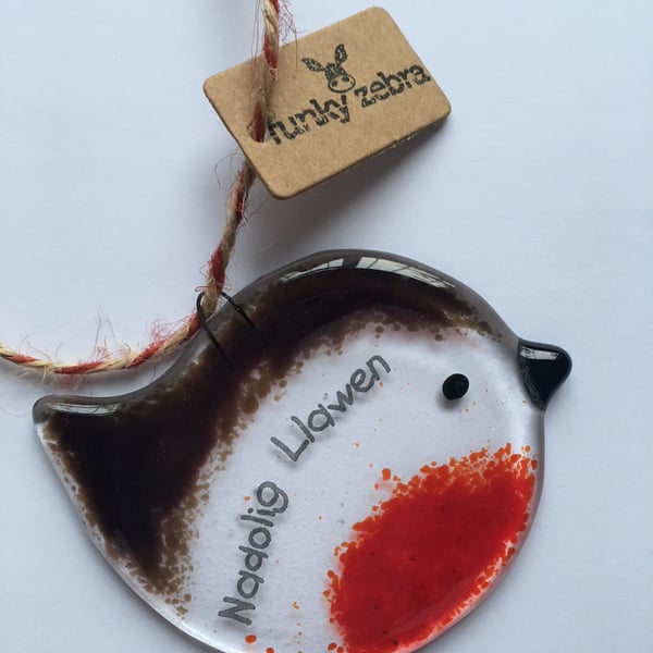 Handmade Fused Glass Traditional Welsh Nadolig Llawen Robin Christmas Decoration