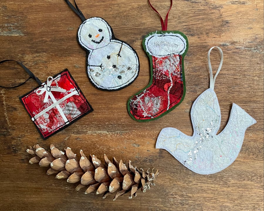 Up-cycled snowman, present, dove and stocking home decorations. 
