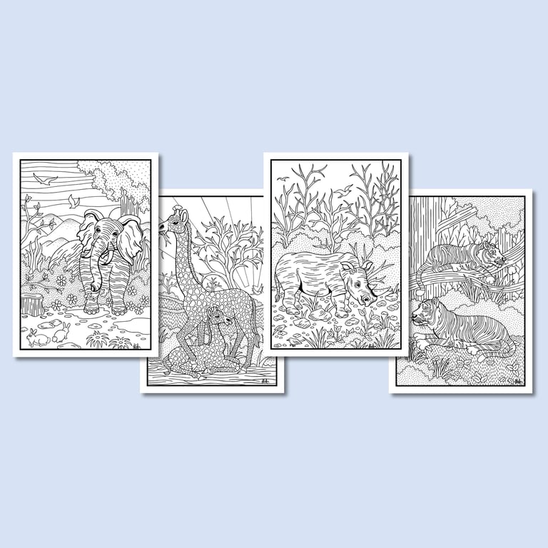 (Digital) Jungle Animals On Four Colouring Pages