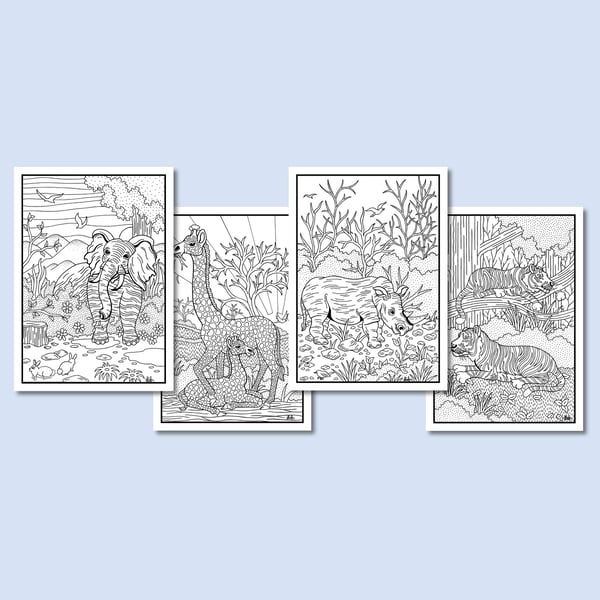 (Digital) Jungle Animals On Four Colouring Pages