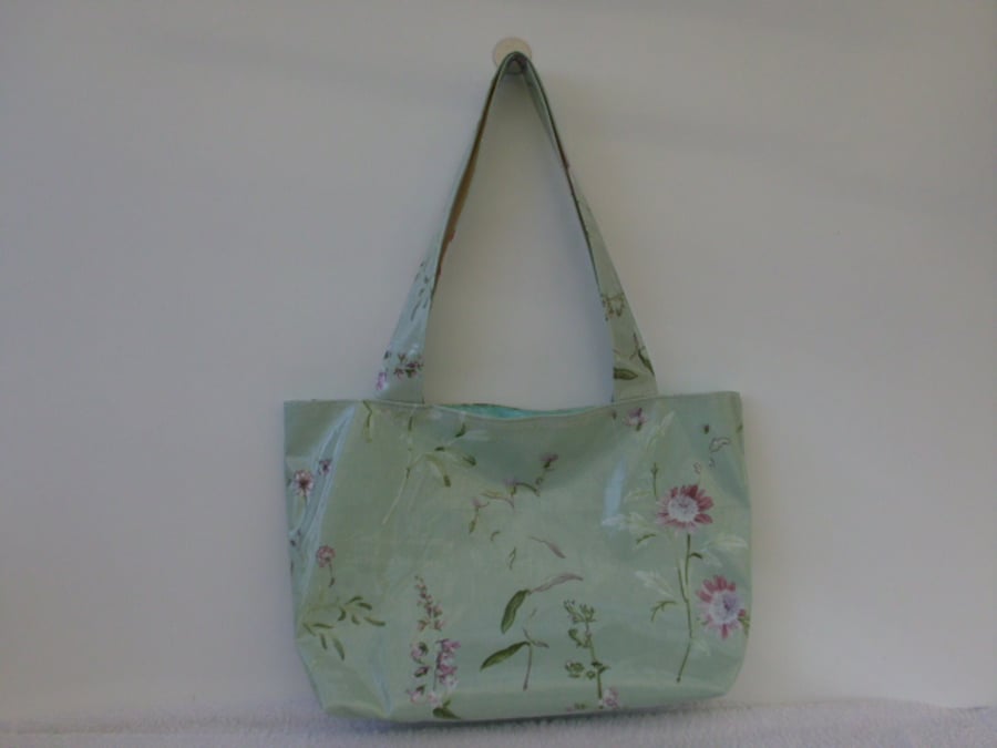 Summer Garden Flowers PVC  Tote Bag in Duck Egg Blue