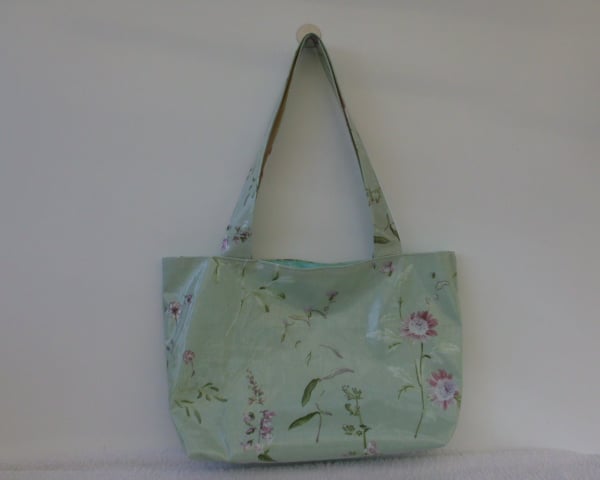 Summer Garden Flowers PVC  Tote Bag in Duck Egg Blue